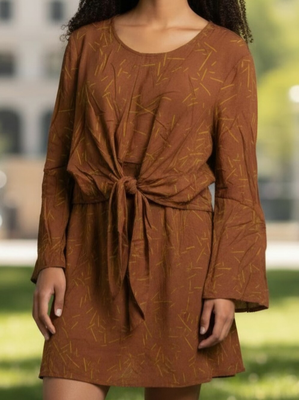 By Together Rust Brown Tie-Front‎ Long Sleeve Mini Dress